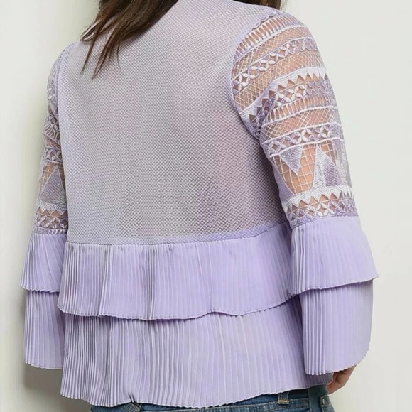 INA Sheer Lace Embro Mesh Pleated Double Ruffle Top Size Large Lavender - Picture 2 of 2